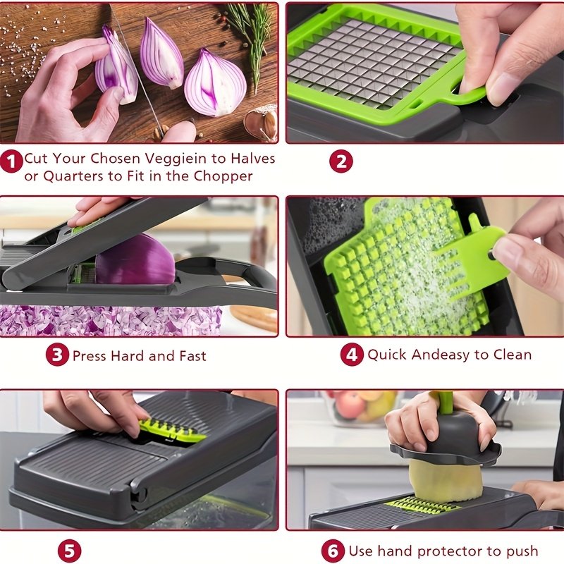16 in 1 Vegetable Onion Chopper, Multifunctional Food Grade Cutting Machine, Ingredient Processing Tool, Onion Chopper with Drain Basket, Carrot Garlic Chopper with Container, Kitchen Tools, Kitchen Additions, Suitable for Home/Restaurant to Quickl - Image 10