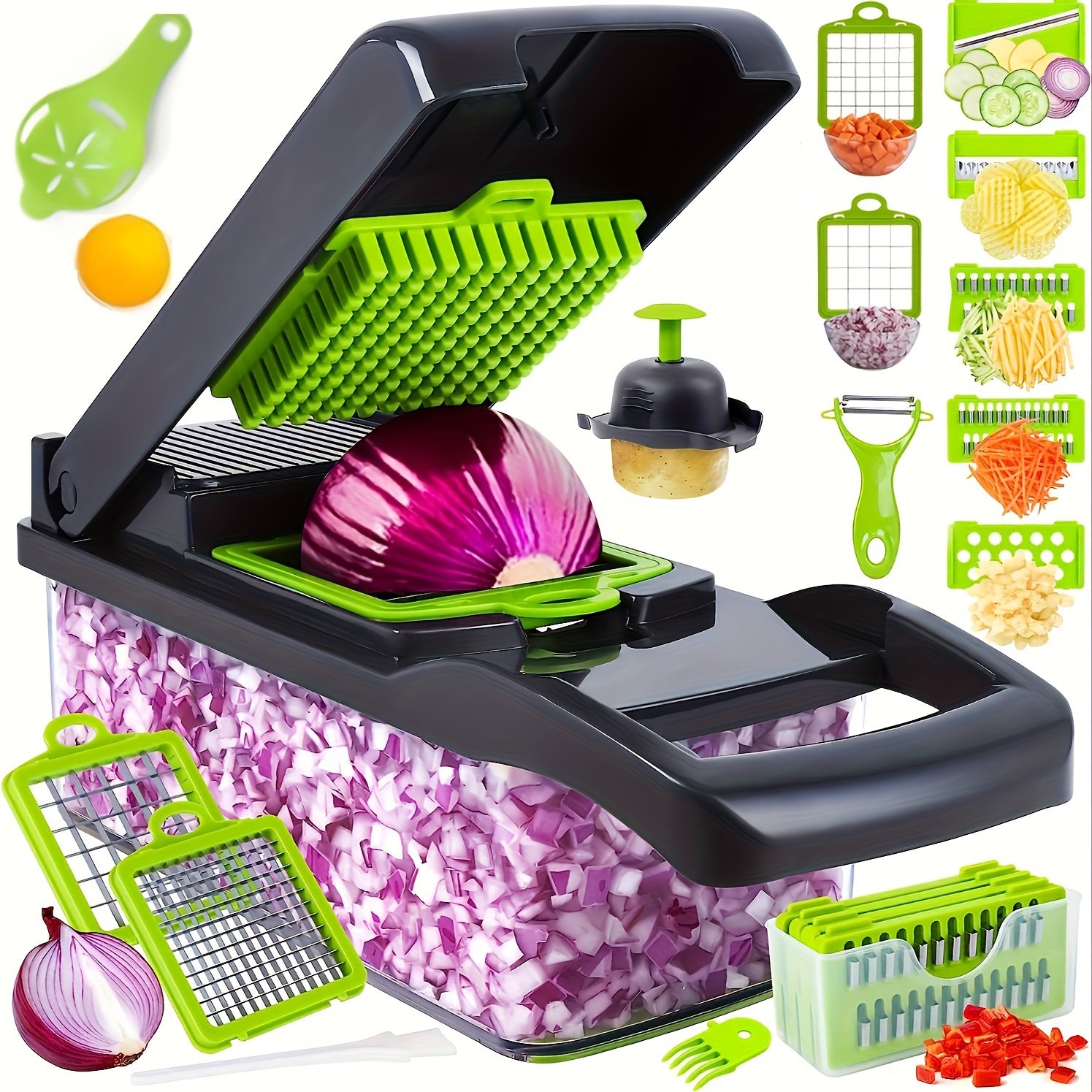 16 in 1 Vegetable Onion Chopper, Multifunctional Food Grade Cutting Machine, Ingredient Processing Tool, Onion Chopper with Drain Basket, Carrot Garlic Chopper with Container, Kitchen Tools, Kitchen Additions, Suitable for Home/Restaurant to Quickl - Image 4