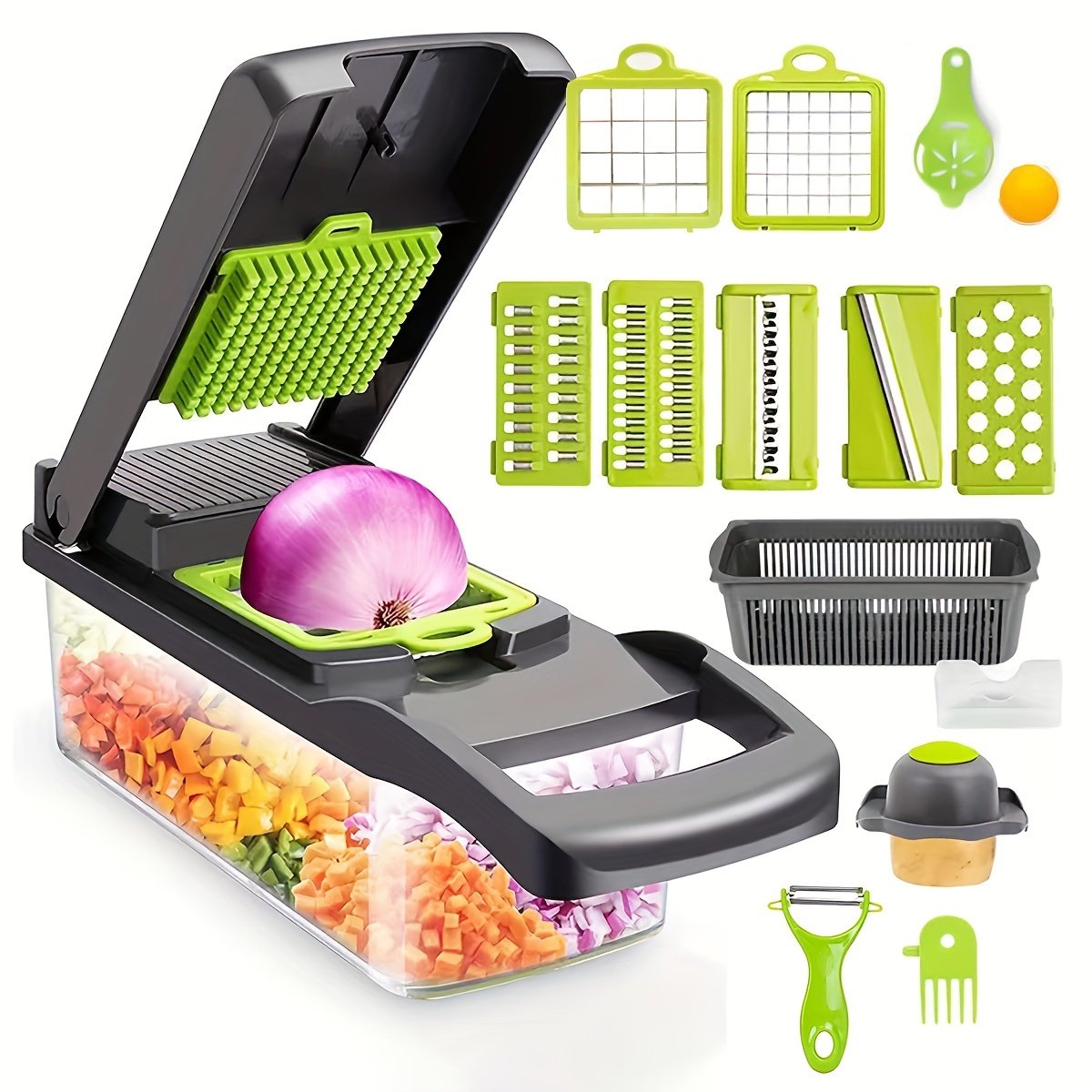 16 in 1 Vegetable Onion Chopper, Multifunctional Food Grade Cutting Machine, Ingredient Processing Tool, Onion Chopper with Drain Basket, Carrot Garlic Chopper with Container, Kitchen Tools, Kitchen Additions, Suitable for Home/Restaurant to Quickl - Image 3