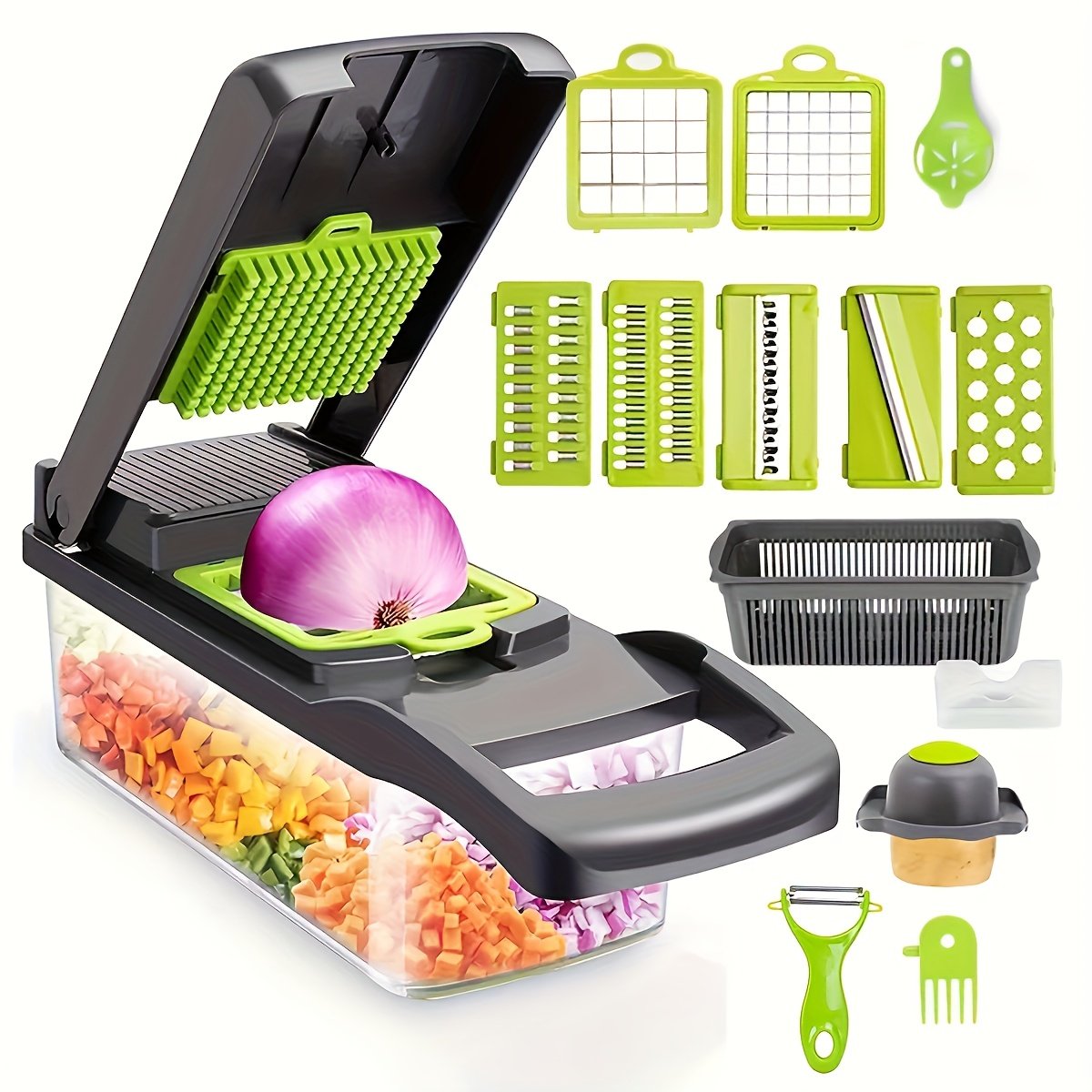 16 in 1 Vegetable Onion Chopper, Multifunctional Food Grade Cutting Machine, Ingredient Processing Tool, Onion Chopper with Drain Basket, Carrot Garlic Chopper with Container, Kitchen Tools, Kitchen Additions, Suitable for Home/Restaurant to Quickl