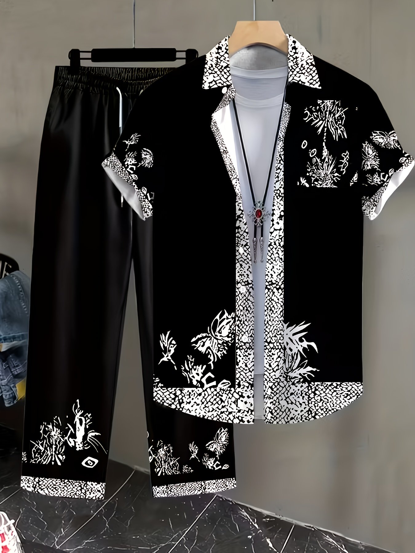 New Fashion Men's Casual Sport Short-Sleeve Shirt and Long Pants Set