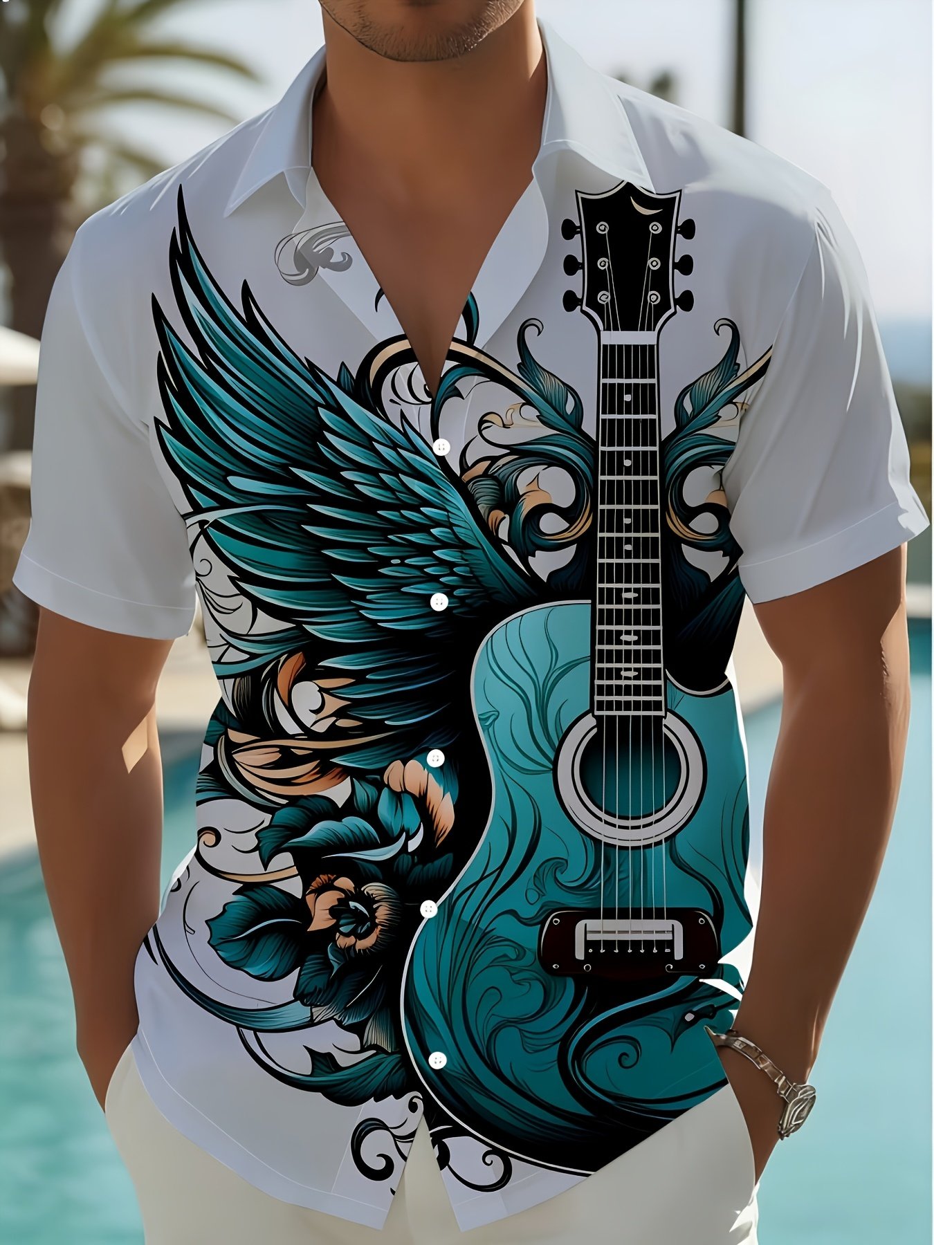Guitar Wing Print Lapel Shirt: Breathable and Skin-friendly Fabric with a Smooth Drape. Suitable for Summer Travel, Casual Gatherings, and Daily Commutes. Features a Low-key yet Artistic Design - Image 5