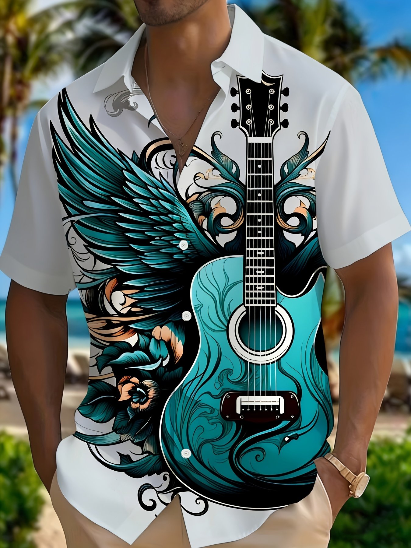 Guitar Wing Print Lapel Shirt: Breathable and Skin-friendly Fabric with a Smooth Drape. Suitable for Summer Travel, Casual Gatherings, and Daily Commutes. Features a Low-key yet Artistic Design - Image 4