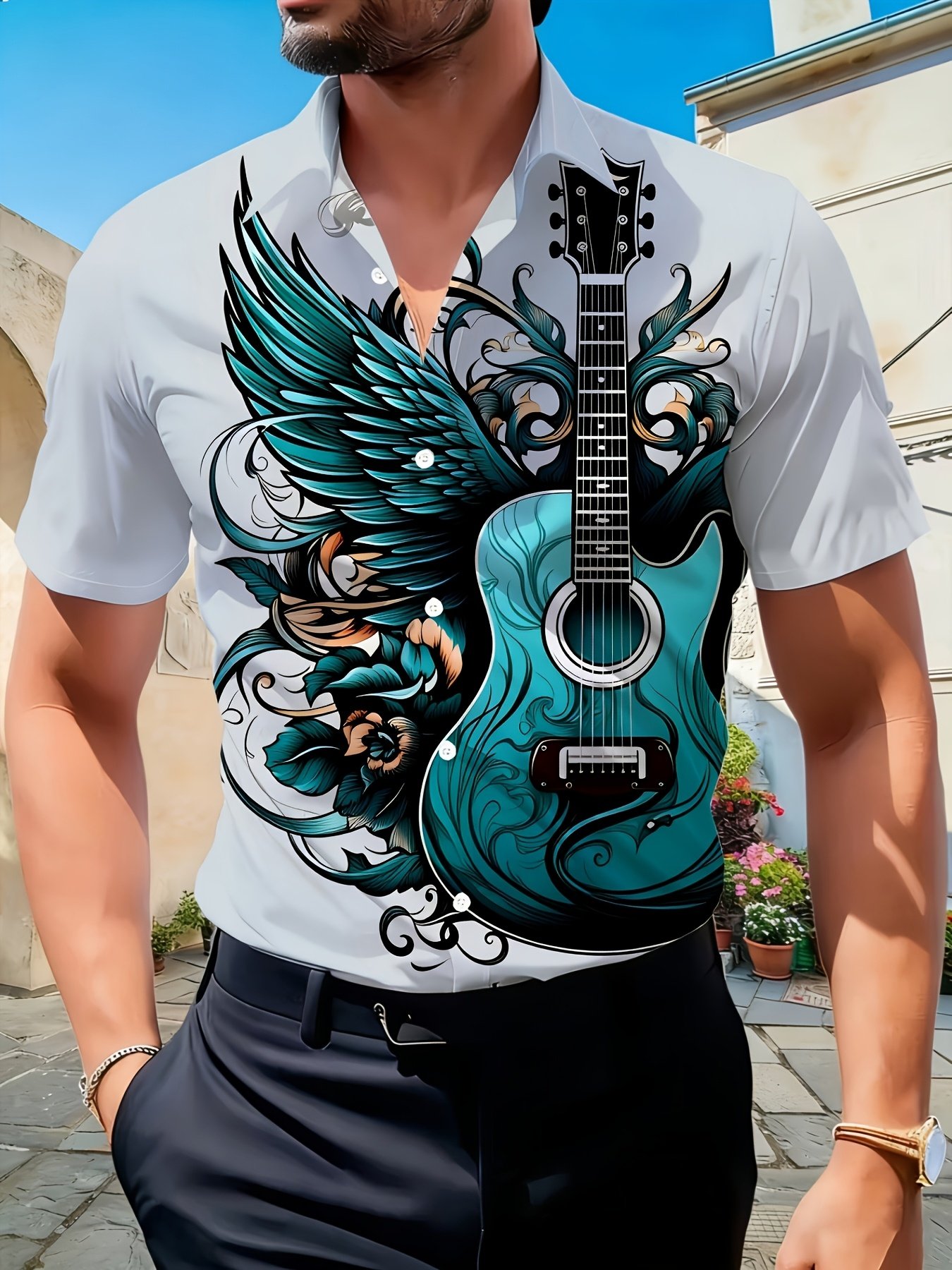Guitar Wing Print Lapel Shirt: Breathable and Skin-friendly Fabric with a Smooth Drape. Suitable for Summer Travel, Casual Gatherings, and Daily Commutes. Features a Low-key yet Artistic Design - Image 3