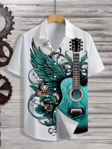 Guitar Wing Print Lapel Shirt: Breathable and Skin-friendly Fabric with a Smooth Drape. Suitable for Summer Travel, Casual Gatherings, and Daily Commutes. Features a Low-key yet Artistic Design