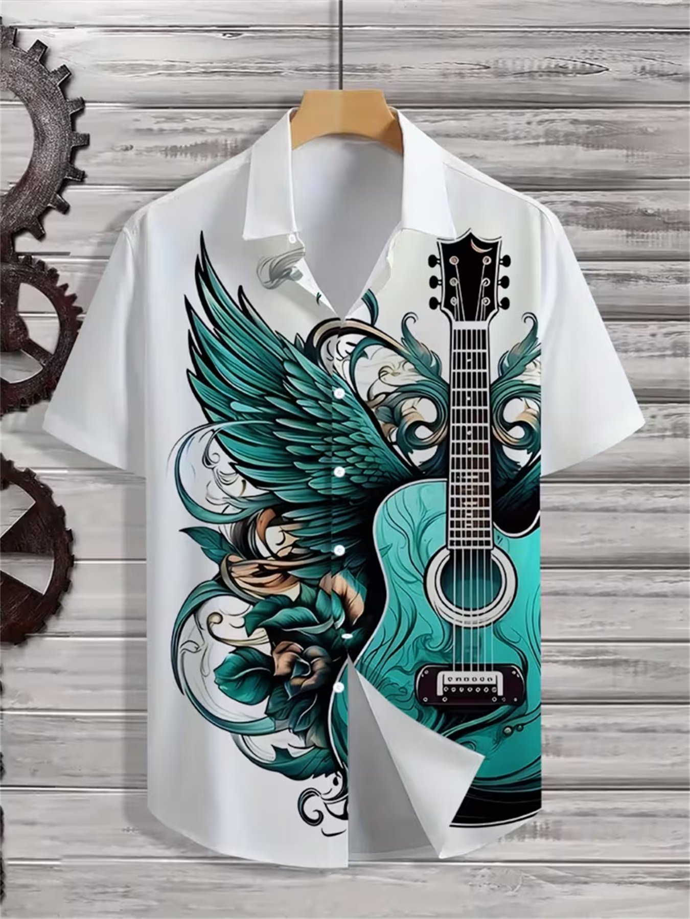 Guitar Wing Print Lapel Shirt: Breathable and Skin-friendly Fabric with a Smooth Drape. Suitable for Summer Travel, Casual Gatherings, and Daily Commutes. Features a Low-key yet Artistic Design